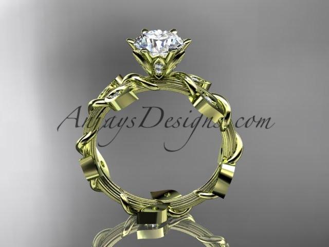 14kt yellow gold diamond leaf and vine wedding ring,engagement ring with a "Forever One" Moissanite center stone ADLR20 - AnjaysDesigns