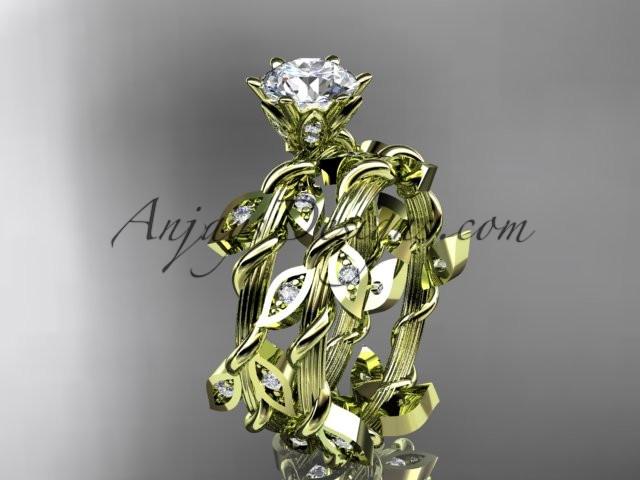 14k yellow gold diamond leaf and vine engagement ring, engagement set ADLR20S - AnjaysDesigns