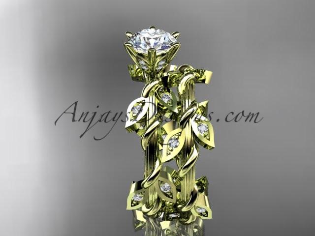 14k yellow gold diamond leaf and vine engagement ring, engagement set with a "Forever One" Moissanite center stone ADLR20S - AnjaysDesigns