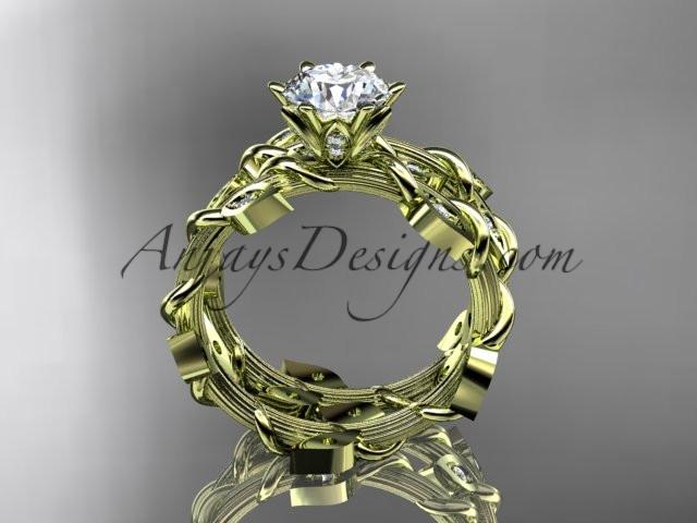 14k yellow gold diamond leaf and vine engagement ring, engagement set with a "Forever One" Moissanite center stone ADLR20S - AnjaysDesigns