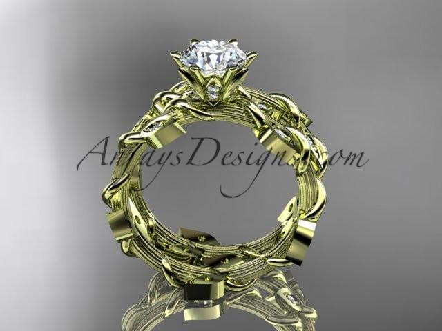 14k yellow gold diamond leaf and vine engagement ring, engagement set ADLR20S - AnjaysDesigns