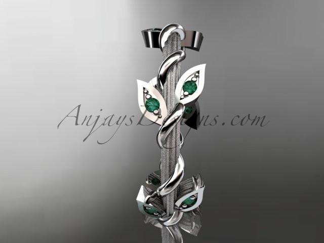 14kt white gold diamond leaf wedding ring,engagement ring,wedding band with emerald stones ADLR20B - AnjaysDesigns