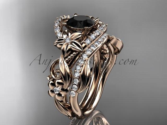 14kt rose gold diamond unique flower, leaf and vine engagement set with a Black Diamond center stone ADLR211 - AnjaysDesigns