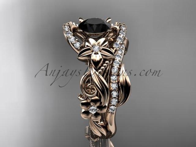 14kt rose gold diamond unique flower, leaf and vine engagement set with a Black Diamond center stone ADLR211 - AnjaysDesigns