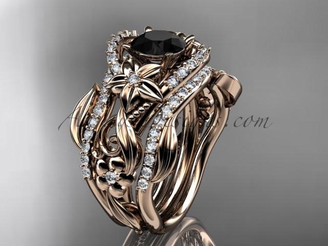 14kt rose gold diamond leaf and vine engagement ring with  Black Diamond center stone and double matching band ADLR211 - AnjaysDesigns