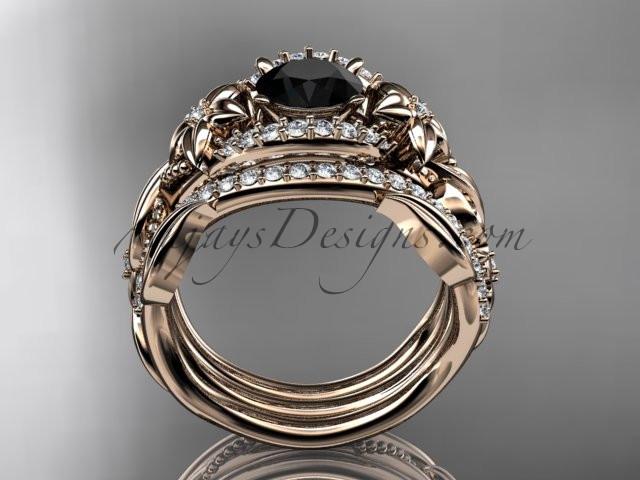 14kt rose gold diamond leaf and vine engagement ring with  Black Diamond center stone and double matching band ADLR211 - AnjaysDesigns