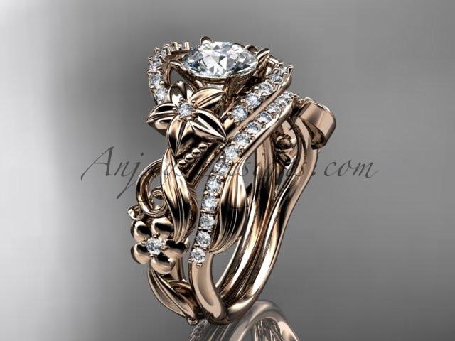 14kt rose gold diamond unique flower, leaf and vine engagement set with a "Forever One" Moissanite center stone ADLR211 - AnjaysDesigns