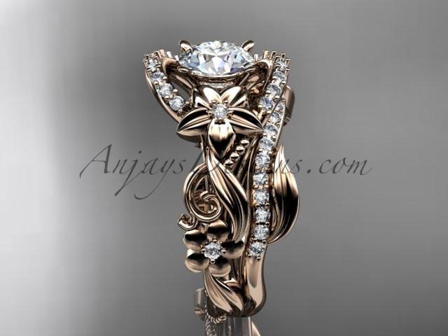 14kt rose gold diamond unique flower, leaf and vine engagement set with a "Forever One" Moissanite center stone ADLR211 - AnjaysDesigns