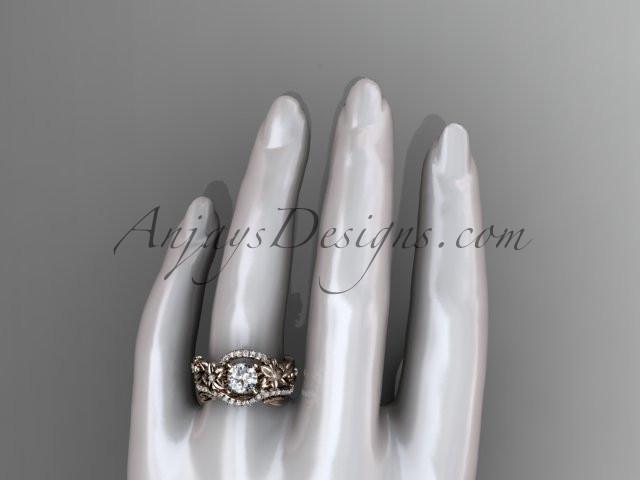 14kt rose gold diamond unique flower, leaf and vine engagement set with a "Forever One" Moissanite center stone ADLR211 - AnjaysDesigns