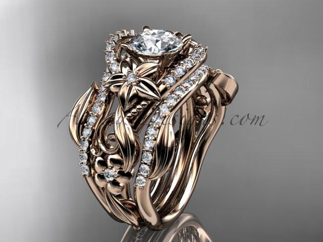 14kt rose gold diamond leaf and vine engagement ring with "Forever One" Moissanite center stone and double matching band ADLR211 - AnjaysDesigns