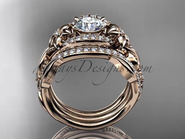 14kt rose gold diamond leaf and vine engagement ring with "Forever One" Moissanite center stone and double matching band ADLR211 - AnjaysDesigns