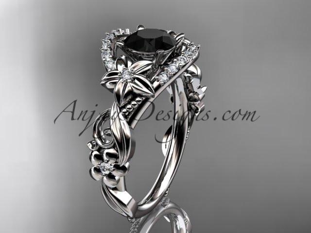 14k white gold flower diamond unique engagement ring with a Black Diamond center stone ADLR211 - AnjaysDesigns