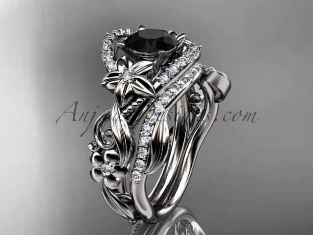 14kt white gold diamond unique flower, leaf and vine engagement set with a Black Diamond center stone ADLR211 - AnjaysDesigns