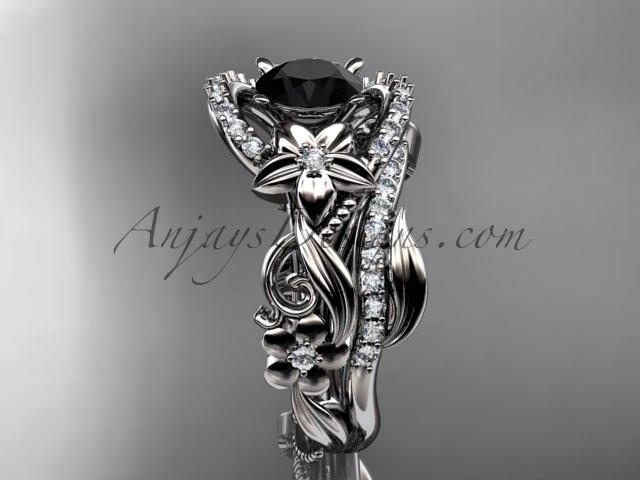 Platinum diamond unique flower, leaf and vine engagement set with a Black Diamond center stone ADLR211 - AnjaysDesigns