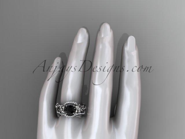 Platinum diamond unique flower, leaf and vine engagement set with a Black Diamond center stone ADLR211 - AnjaysDesigns