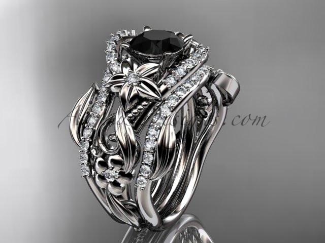 Platinum diamond leaf and vine engagement ring with  Black Diamond center stone and double matching band ADLR211 - AnjaysDesigns