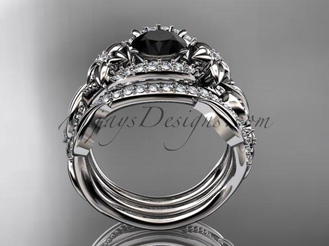 Platinum diamond leaf and vine engagement ring with  Black Diamond center stone and double matching band ADLR211 - AnjaysDesigns