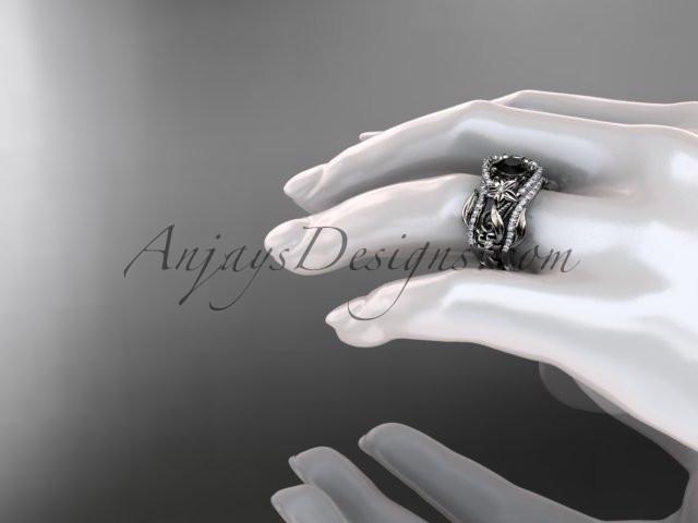 Platinum diamond leaf and vine engagement ring with  Black Diamond center stone and double matching band ADLR211 - AnjaysDesigns