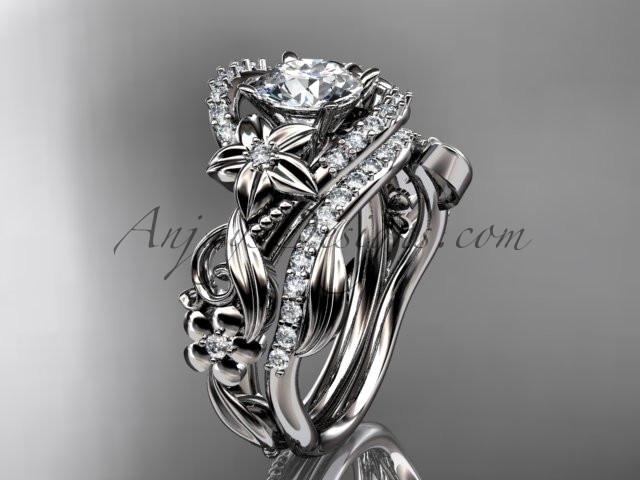 14kt white gold diamond unique flower, leaf and vine engagement set with a "Forever One" Moissanite center stone ADLR211 - AnjaysDesigns