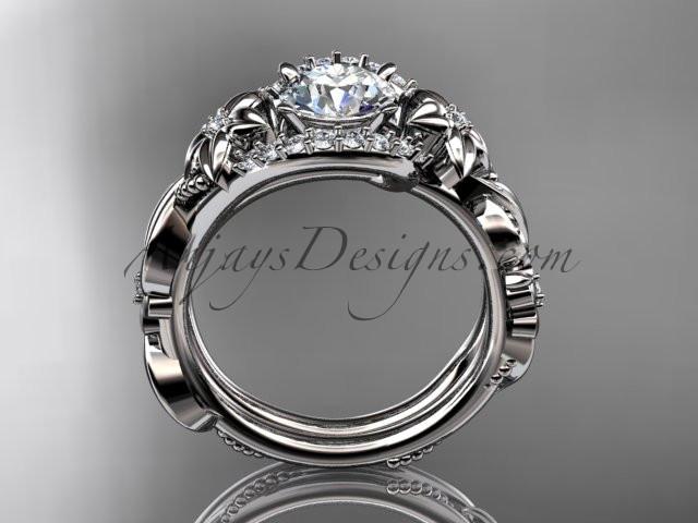 Platinum diamond unique flower, leaf and vine engagement set with a "Forever One" Moissanite center stone ADLR211 - AnjaysDesigns