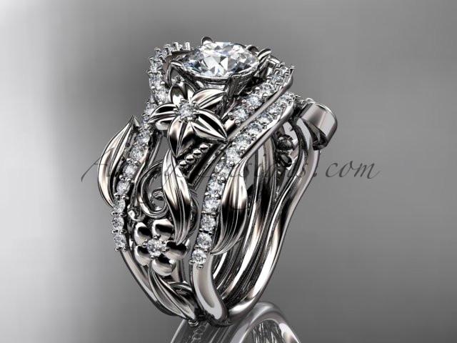 Platinum diamond leaf and vine engagement ring with double matching band ADLR211 - AnjaysDesigns