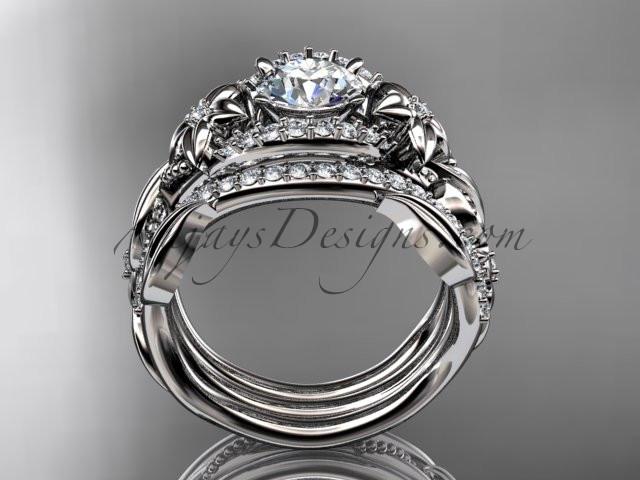Platinum diamond leaf and vine engagement ring with double matching band ADLR211 - AnjaysDesigns