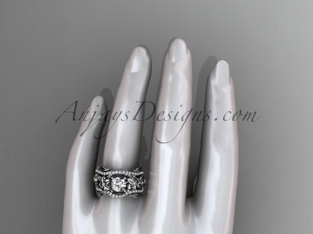 Platinum diamond leaf and vine engagement ring with double matching band ADLR211 - AnjaysDesigns