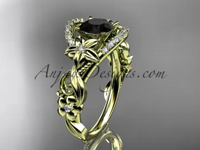 14k yellow gold flower diamond unique engagement ring with a Black Diamond center stone ADLR211 - AnjaysDesigns