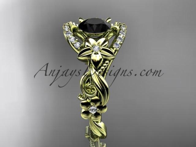 14k yellow gold flower diamond unique engagement ring with a Black Diamond center stone ADLR211 - AnjaysDesigns