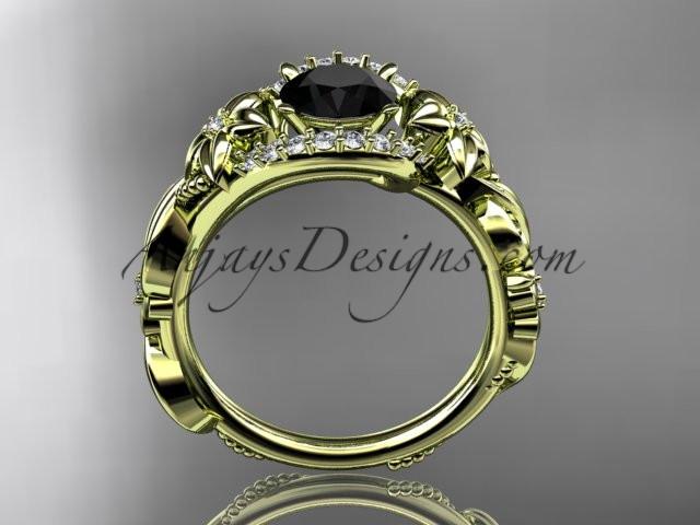 14k yellow gold flower diamond unique engagement ring with a Black Diamond center stone ADLR211 - AnjaysDesigns