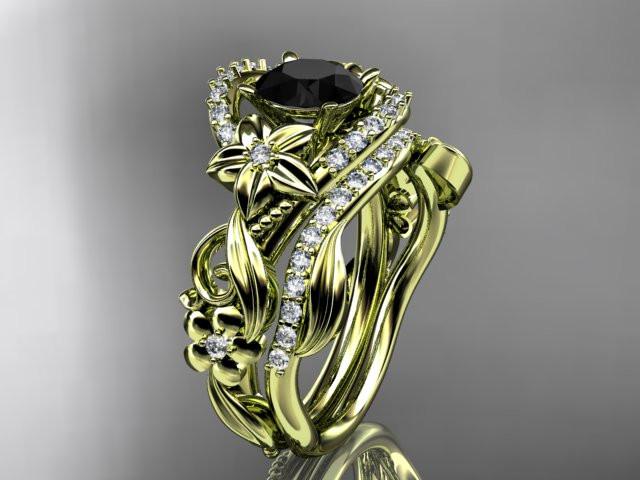 14kt yellow gold diamond unique flower, leaf and vine engagement set with a Black Diamond center stone ADLR211 - AnjaysDesigns