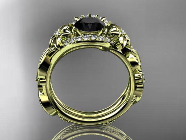 14kt yellow gold diamond unique flower, leaf and vine engagement set with a Black Diamond center stone ADLR211 - AnjaysDesigns