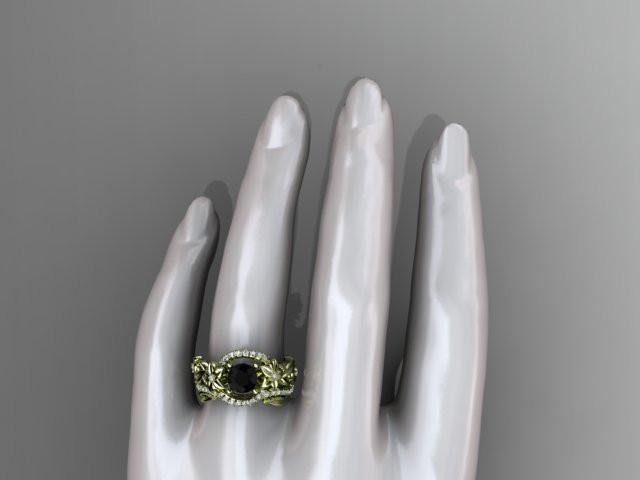 14kt yellow gold diamond unique flower, leaf and vine engagement set with a Black Diamond center stone ADLR211 - AnjaysDesigns