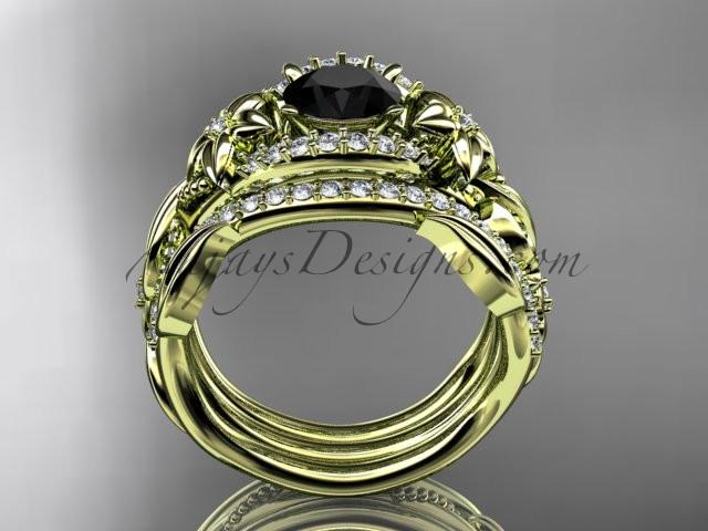 14kt yellow gold diamond leaf and vine engagement ring with  Black Diamond center stone and double matching band ADLR211 - AnjaysDesigns