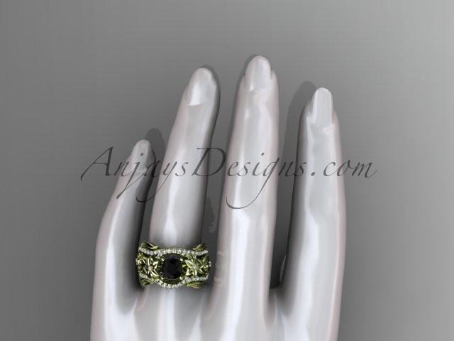 14kt yellow gold diamond leaf and vine engagement ring with  Black Diamond center stone and double matching band ADLR211 - AnjaysDesigns