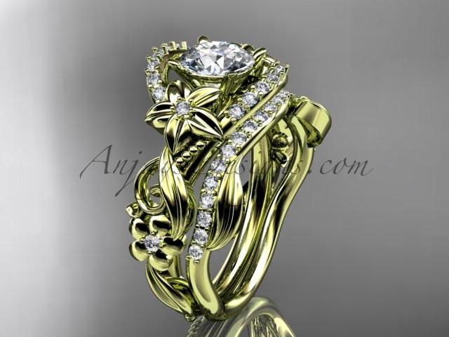 14kt yellow gold diamond unique flower, leaf and vine engagement set with a "Forever One" Moissanite center stone ADLR211 - AnjaysDesigns