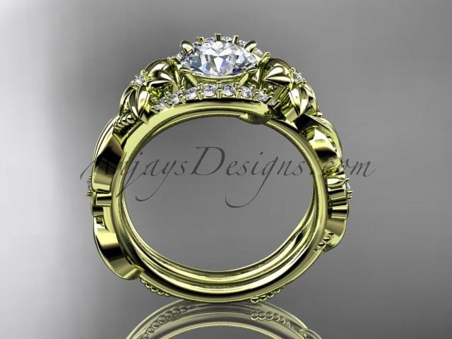 14kt yellow gold diamond unique flower, leaf and vine engagement set with a "Forever One" Moissanite center stone ADLR211 - AnjaysDesigns