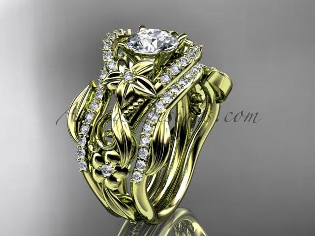 14kt yellow gold diamond leaf and vine engagement ring with double matching band ADLR211 - AnjaysDesigns