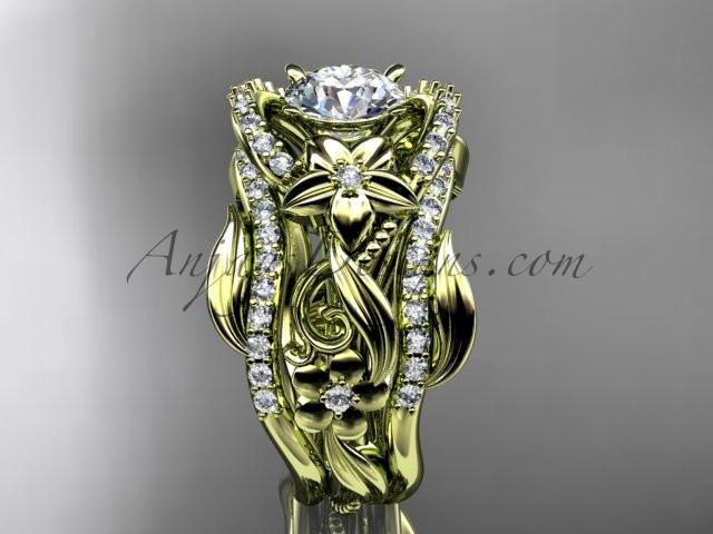 14kt yellow gold diamond leaf and vine engagement ring with "Forever One" Moissanite center stone and double matching band ADLR211 - AnjaysDesigns