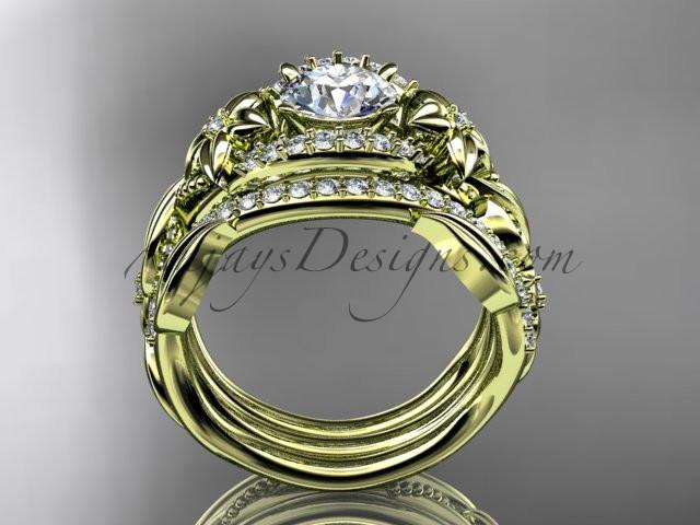 14kt yellow gold diamond leaf and vine engagement ring with "Forever One" Moissanite center stone and double matching band ADLR211 - AnjaysDesigns