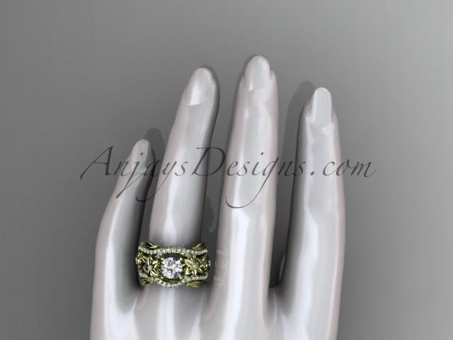 14kt yellow gold diamond leaf and vine engagement ring with "Forever One" Moissanite center stone and double matching band ADLR211 - AnjaysDesigns