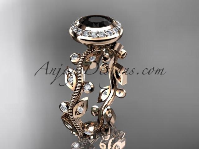 14k rose gold diamond leaf and vine wedding ring, engagement ring with a Black Diamond center stone ADLR212 - AnjaysDesigns, Black Diamond Engagement Rings - Jewelry, Anjays Designs - AnjaysDesigns, AnjaysDesigns - AnjaysDesigns.co, 