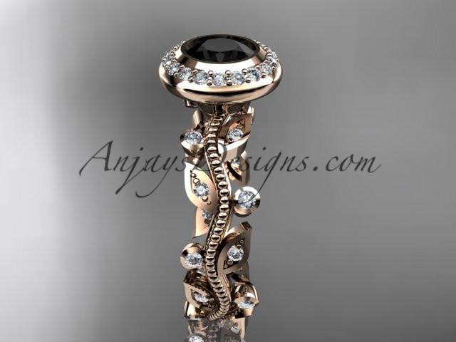 14k rose gold diamond leaf and vine wedding ring, engagement ring with a Black Diamond center stone ADLR212 - AnjaysDesigns, Black Diamond Engagement Rings - Jewelry, Anjays Designs - AnjaysDesigns, AnjaysDesigns - AnjaysDesigns.co, 