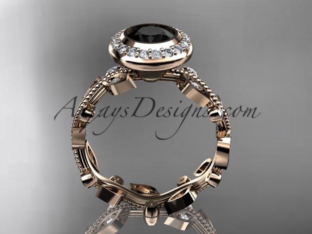 14k rose gold diamond leaf and vine wedding ring, engagement ring with a Black Diamond center stone ADLR212 - AnjaysDesigns, Black Diamond Engagement Rings - Jewelry, Anjays Designs - AnjaysDesigns, AnjaysDesigns - AnjaysDesigns.co, 