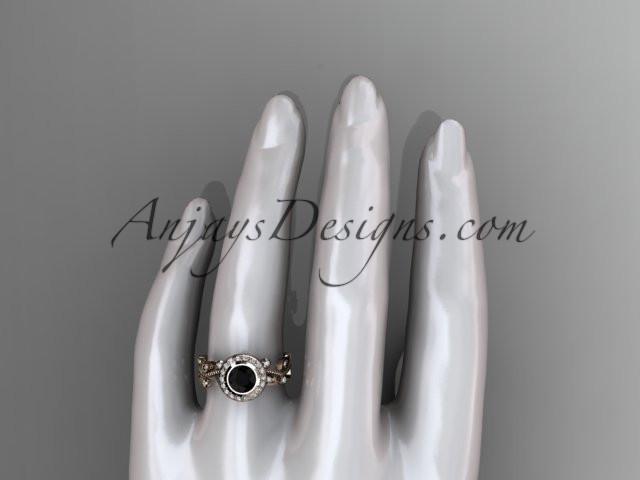 14k rose gold diamond leaf and vine wedding ring, engagement ring with a Black Diamond center stone ADLR212 - AnjaysDesigns, Black Diamond Engagement Rings - Jewelry, Anjays Designs - AnjaysDesigns, AnjaysDesigns - AnjaysDesigns.co, 