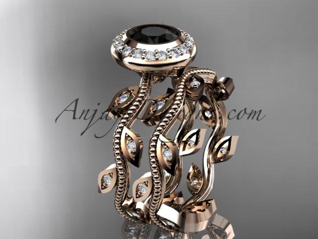 14k rose gold diamond leaf and vine wedding ring, engagement ring, engagement set with a Black Diamond center stone ADLR212S - AnjaysDesigns, Black Diamond Engagement Sets - Jewelry, Anjays Designs - AnjaysDesigns, AnjaysDesigns - AnjaysDesigns.co, 