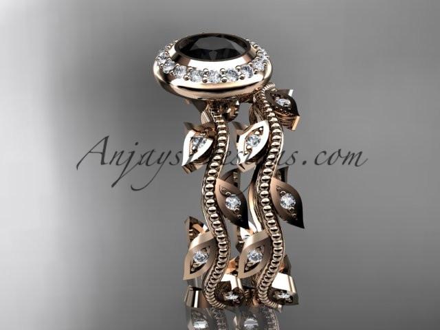 14k rose gold diamond leaf and vine wedding ring, engagement ring, engagement set with a Black Diamond center stone ADLR212S - AnjaysDesigns, Black Diamond Engagement Sets - Jewelry, Anjays Designs - AnjaysDesigns, AnjaysDesigns - AnjaysDesigns.co, 