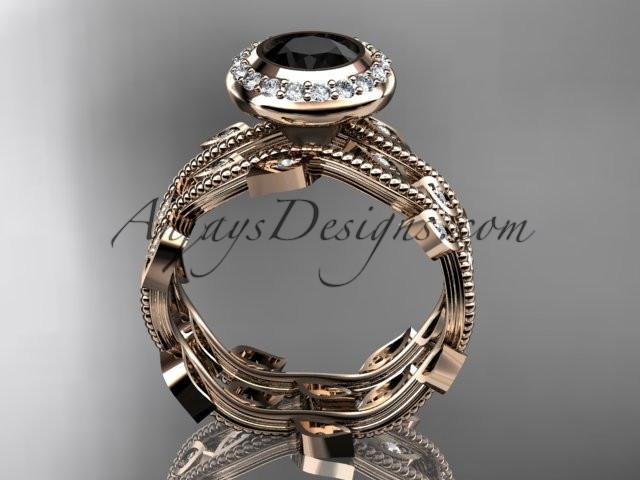 14k rose gold diamond leaf and vine wedding ring, engagement ring, engagement set with a Black Diamond center stone ADLR212S - AnjaysDesigns, Black Diamond Engagement Sets - Jewelry, Anjays Designs - AnjaysDesigns, AnjaysDesigns - AnjaysDesigns.co, 