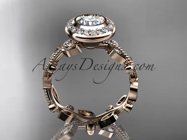 14k rose gold diamond leaf and vine wedding ring, engagement ring with a "Forever One" Moissanite center stone ADLR212 - AnjaysDesigns, Moissanite Engagement Rings - Jewelry, Anjays Designs - AnjaysDesigns, AnjaysDesigns - AnjaysDesigns.co, 