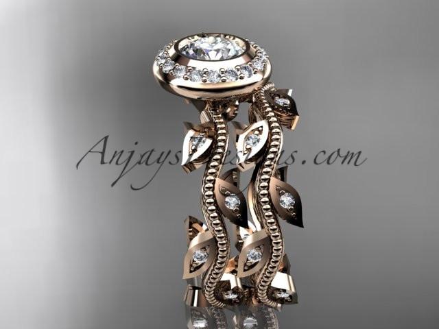 14k rose gold diamond leaf and vine wedding ring, engagement ring, engagement set with a "Forever One" Moissanite center stone ADLR212S - AnjaysDesigns, Moissanite Engagement Sets - Jewelry, Anjays Designs - AnjaysDesigns, AnjaysDesigns - AnjaysDesigns.co, 